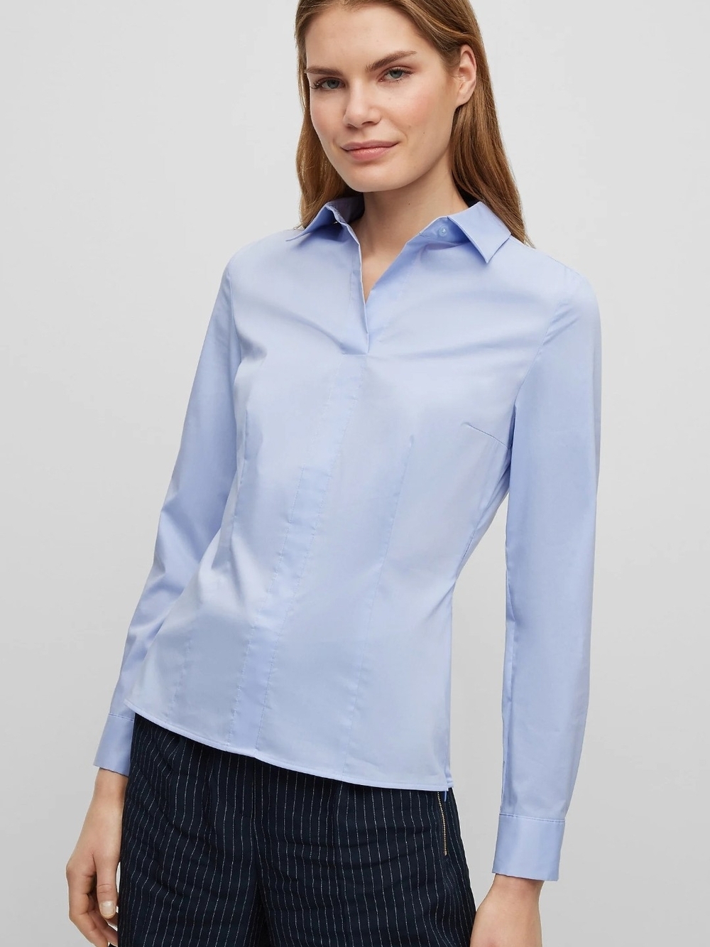BOSS Bashinah Light Blue Button-Up Blouse Sz 4 Cotton Blend Side Zip Office Chic
